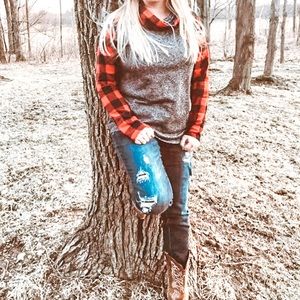 BOUTIQUE-COWL NECK BUFFALO PLAID AND GREY LONG-SLEEVE SWEATSHIRT